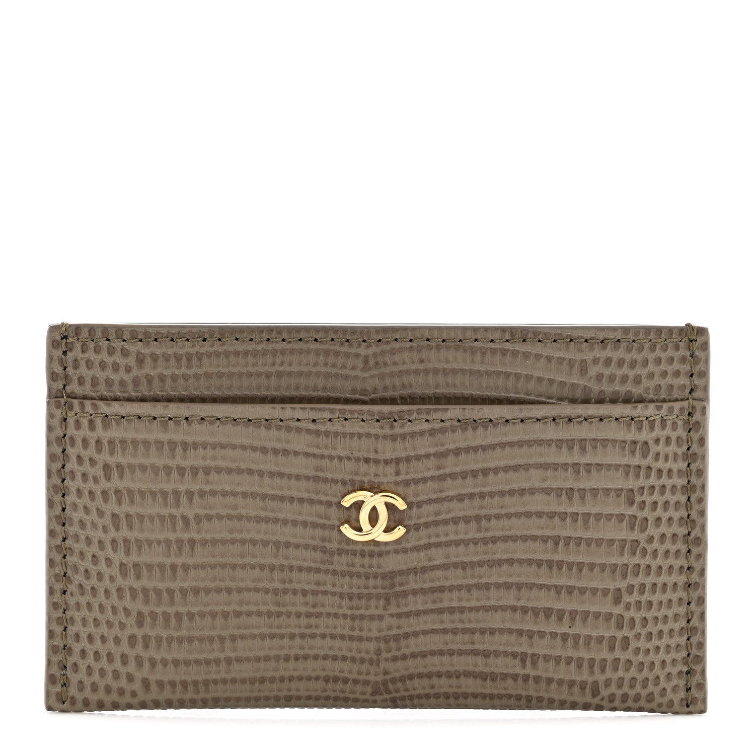Chanel Calfskin Lizard Embossed Card Holder Gold Dark Khaki 1 of 8