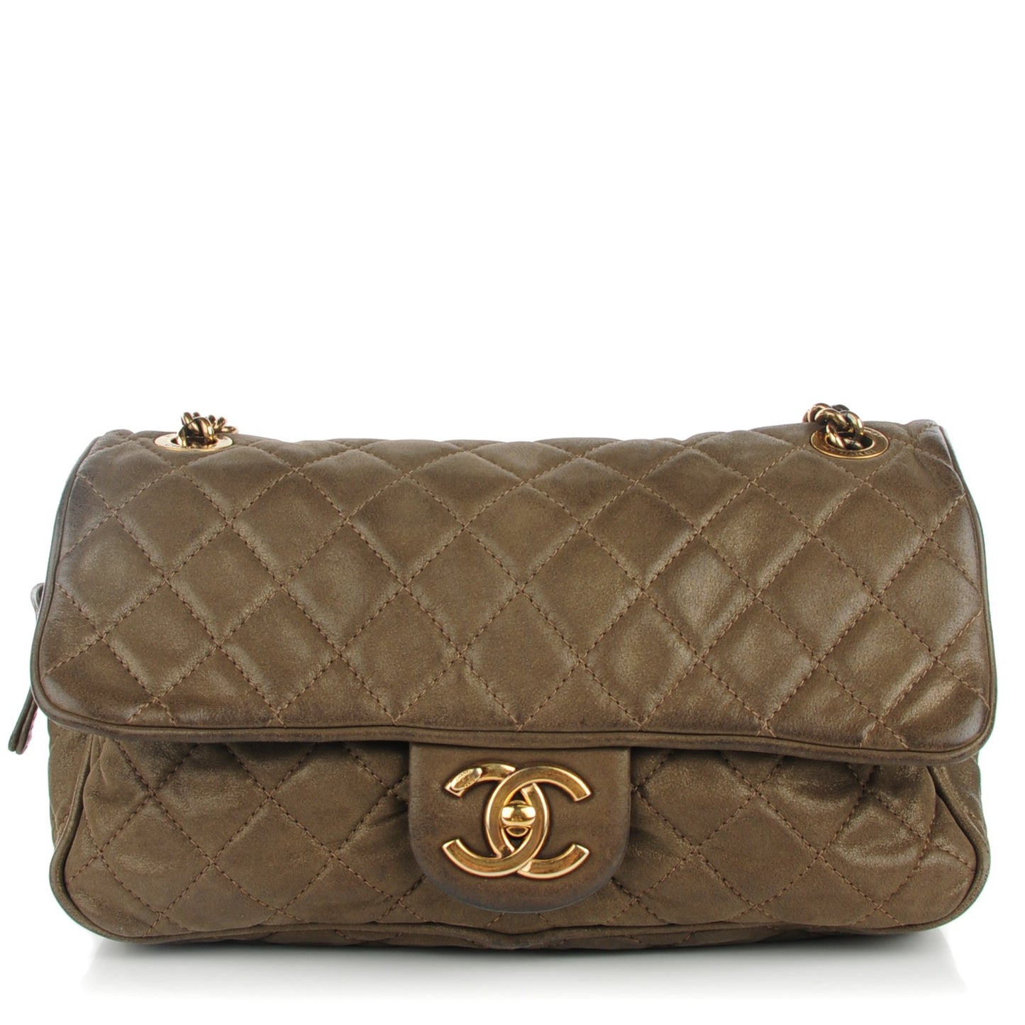 Iridescent Calfskin Quilted Small Shiva Flap Khaki