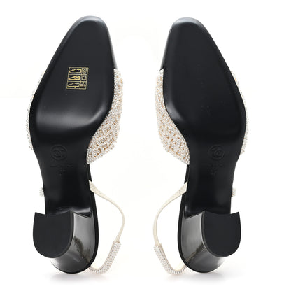 Chanel Pearl Patent Cap Toe CC Slingback Pumps 37 Ivory Black 6 of 10