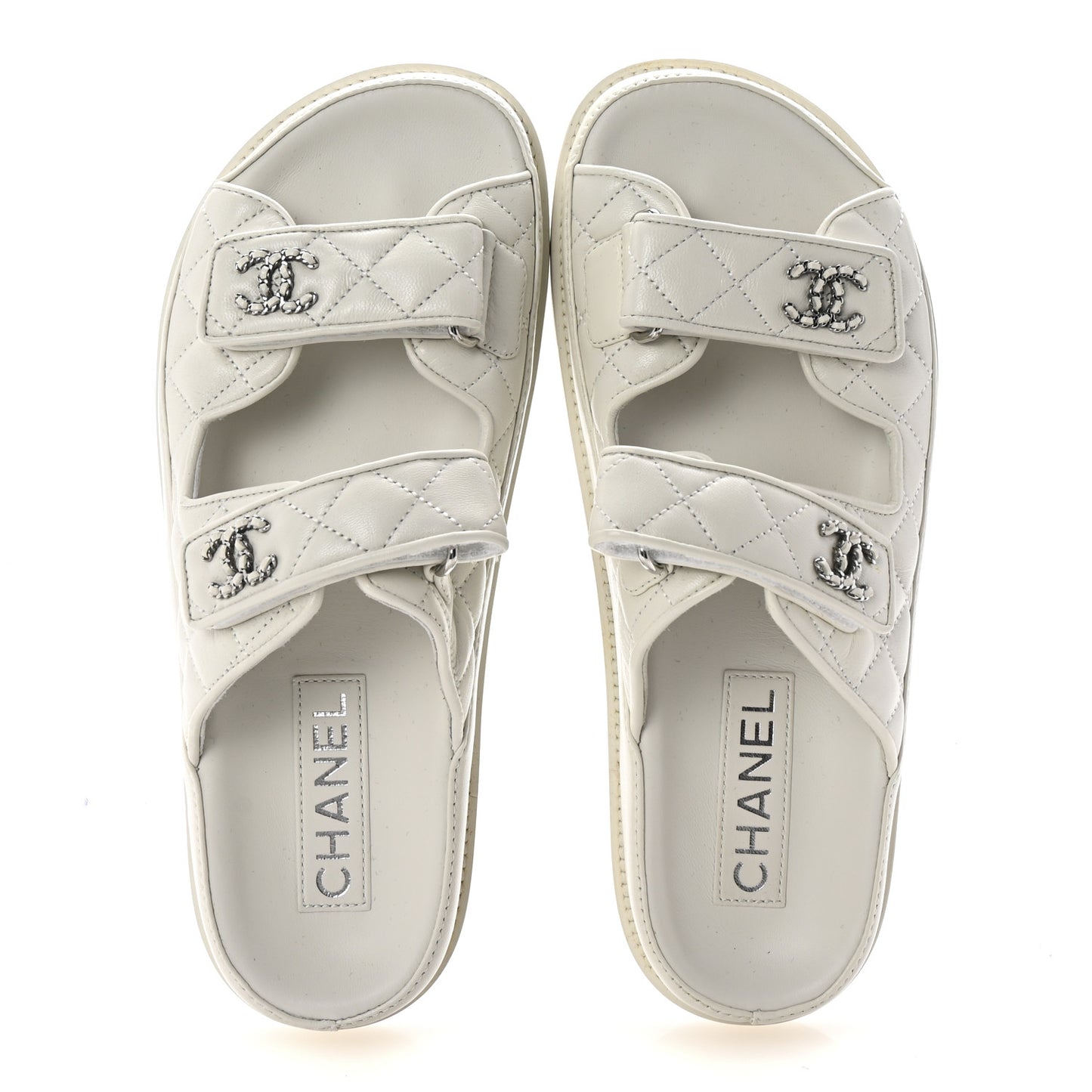Lambskin Quilted Velcro Dad Chain CC Slide Sandals 37.5 White