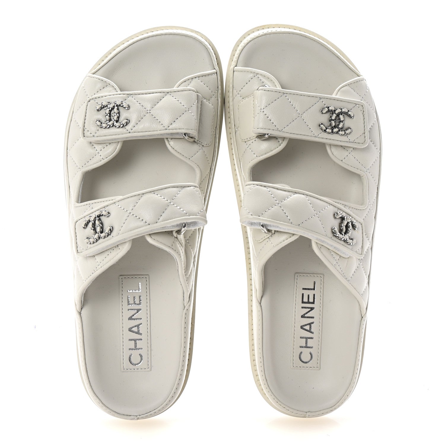 Chanel Lambskin Quilted Velcro Dad Chain CC Slide Sandals 37.5 White 2 of 9