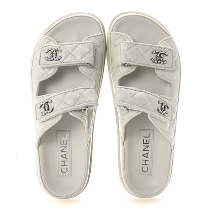 Chanel Lambskin Quilted Velcro Dad Chain CC Slide Sandals 37.5 White 2 of 9