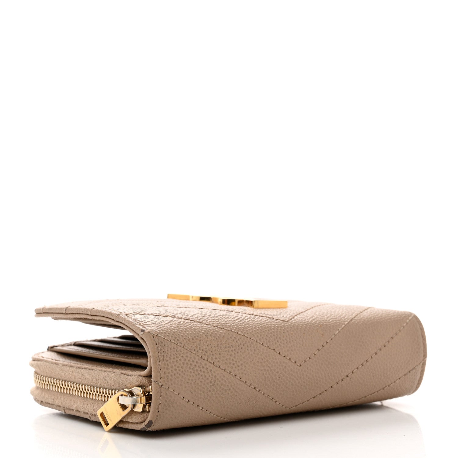 Saint Laurent Grain De Poudre Matelasse Chevron Monogram Compact Zip Around Wallet Dark Beige 4 of 8