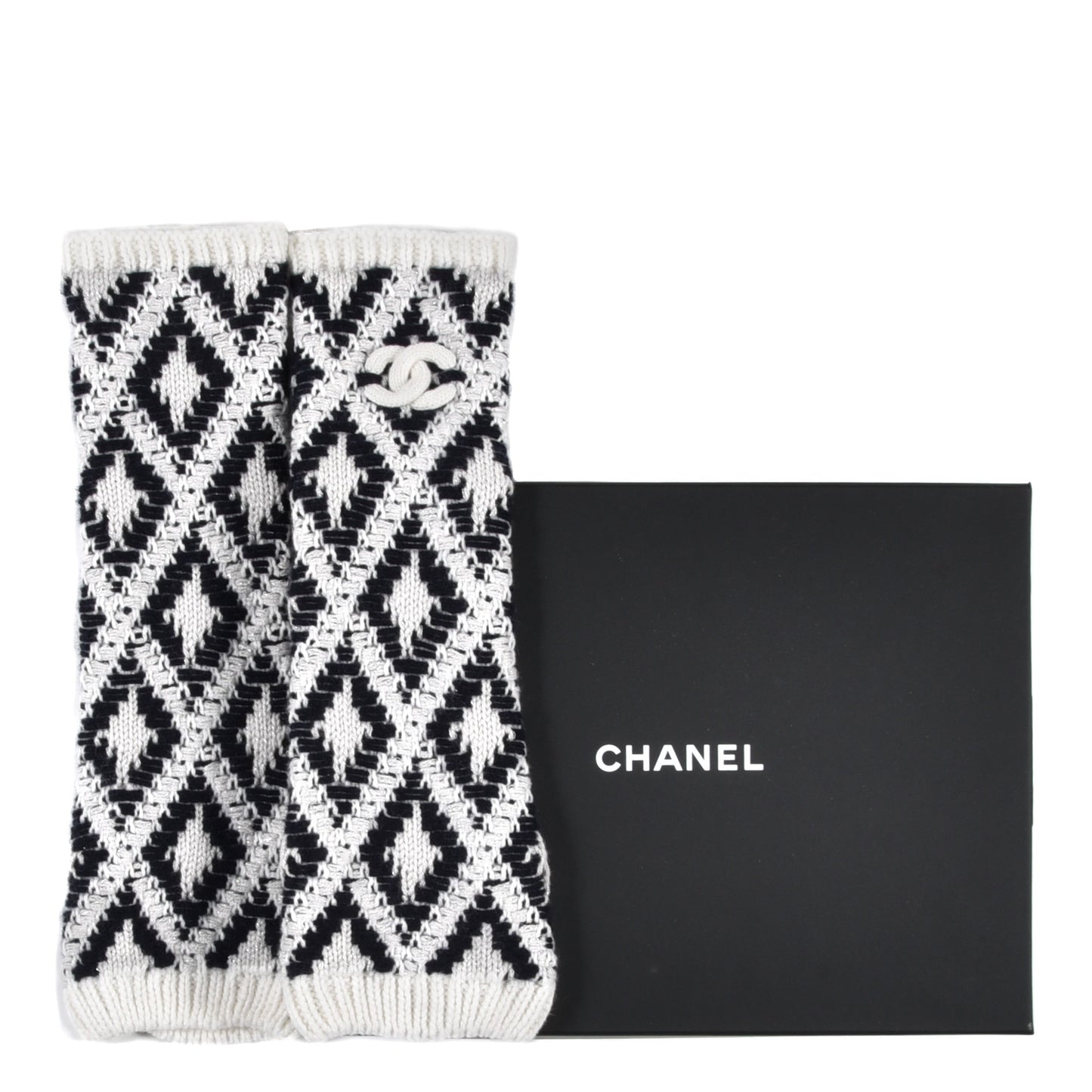 Cashmere Blend CC Fingerless Gloves Beige White Black