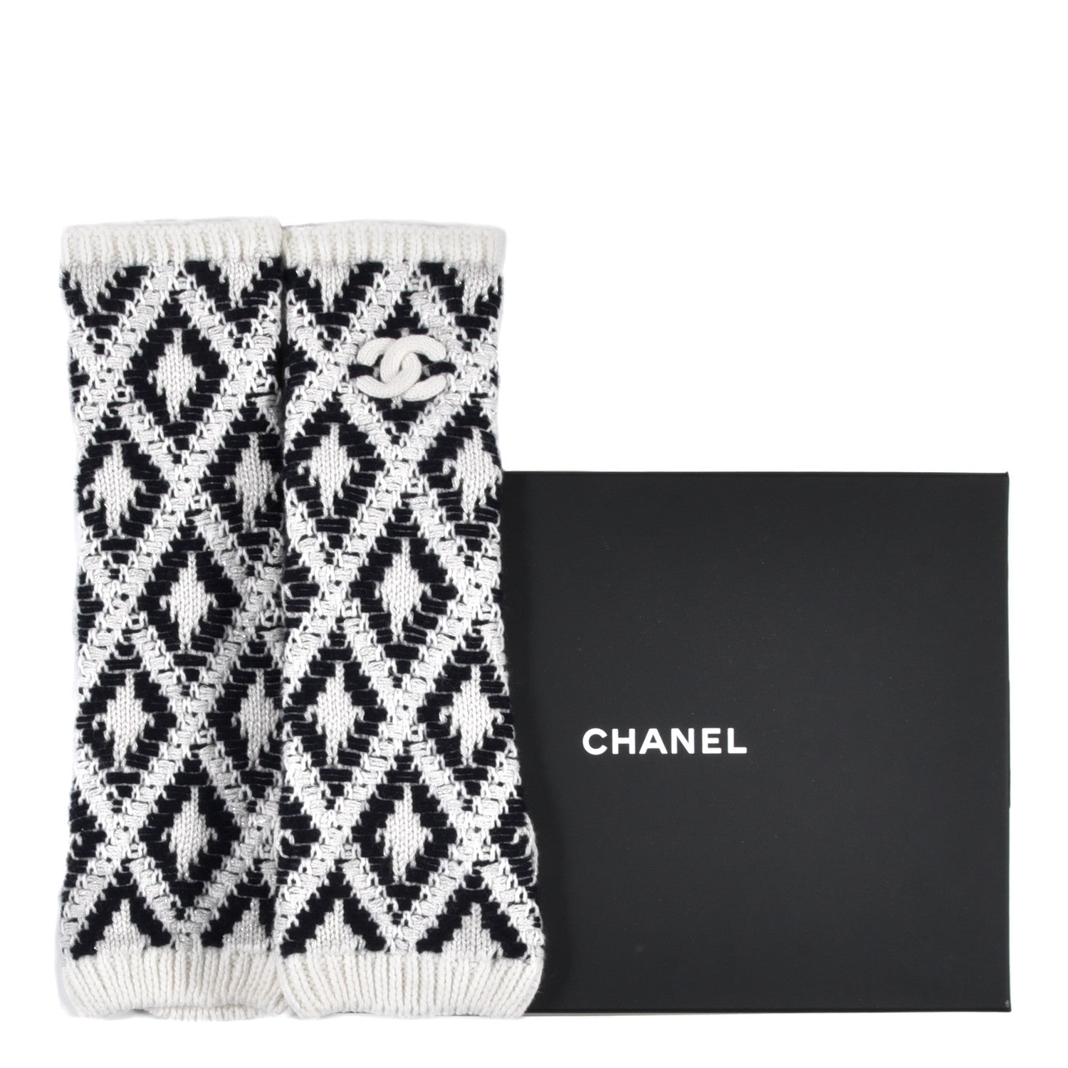 Chanel Cashmere Blend CC Fingerless Gloves Beige White Black 5 of 5