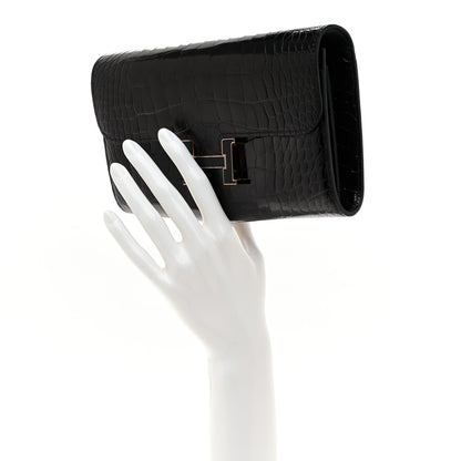Hermes Shiny Alligator Enamel Constance Long Wallet To Go Black 2 of 10