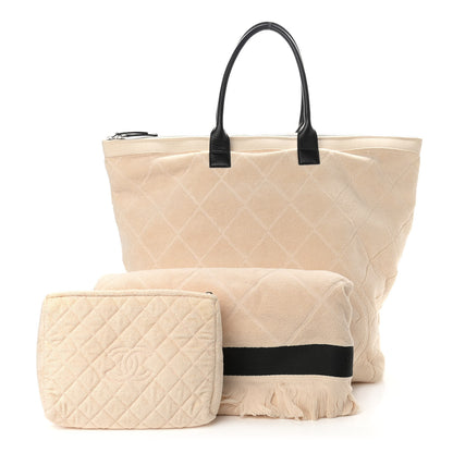 Chanel Terry Cotton CC Beach Tote Towel Set Beige Black 1 of 15