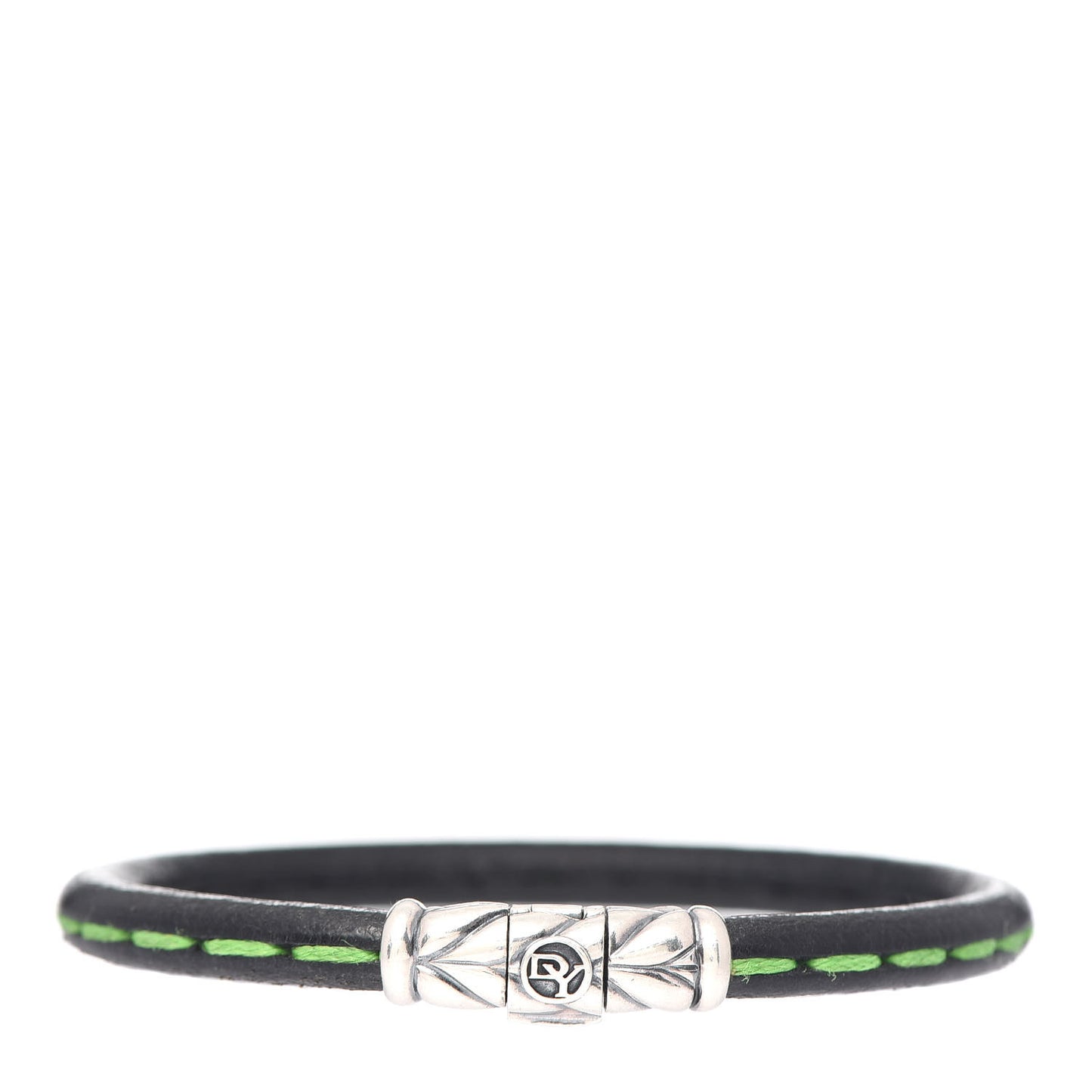 Sterling Silver Black Leather Chevron Green Stitch Mens Bracelet