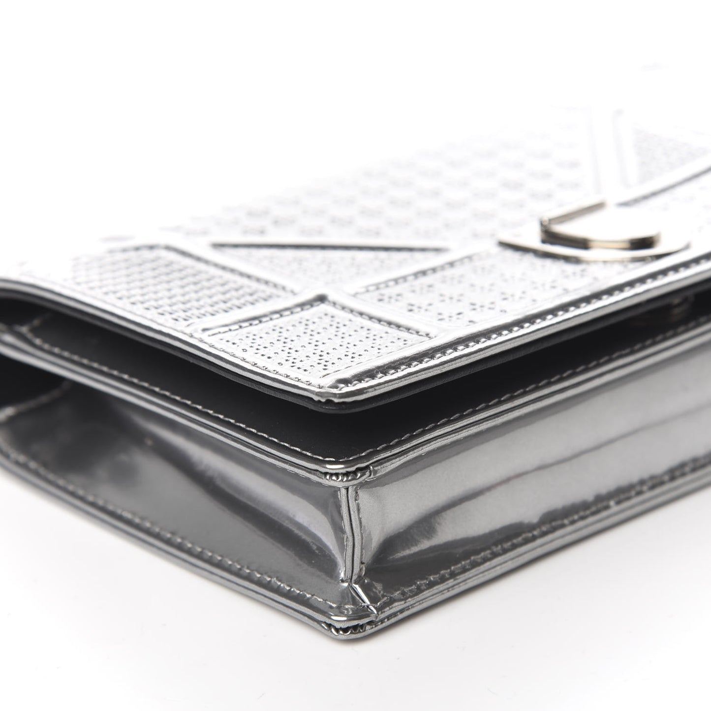 Metallic Patent Micro-Cannage Diorama Wallet on Chain Pouch Silver