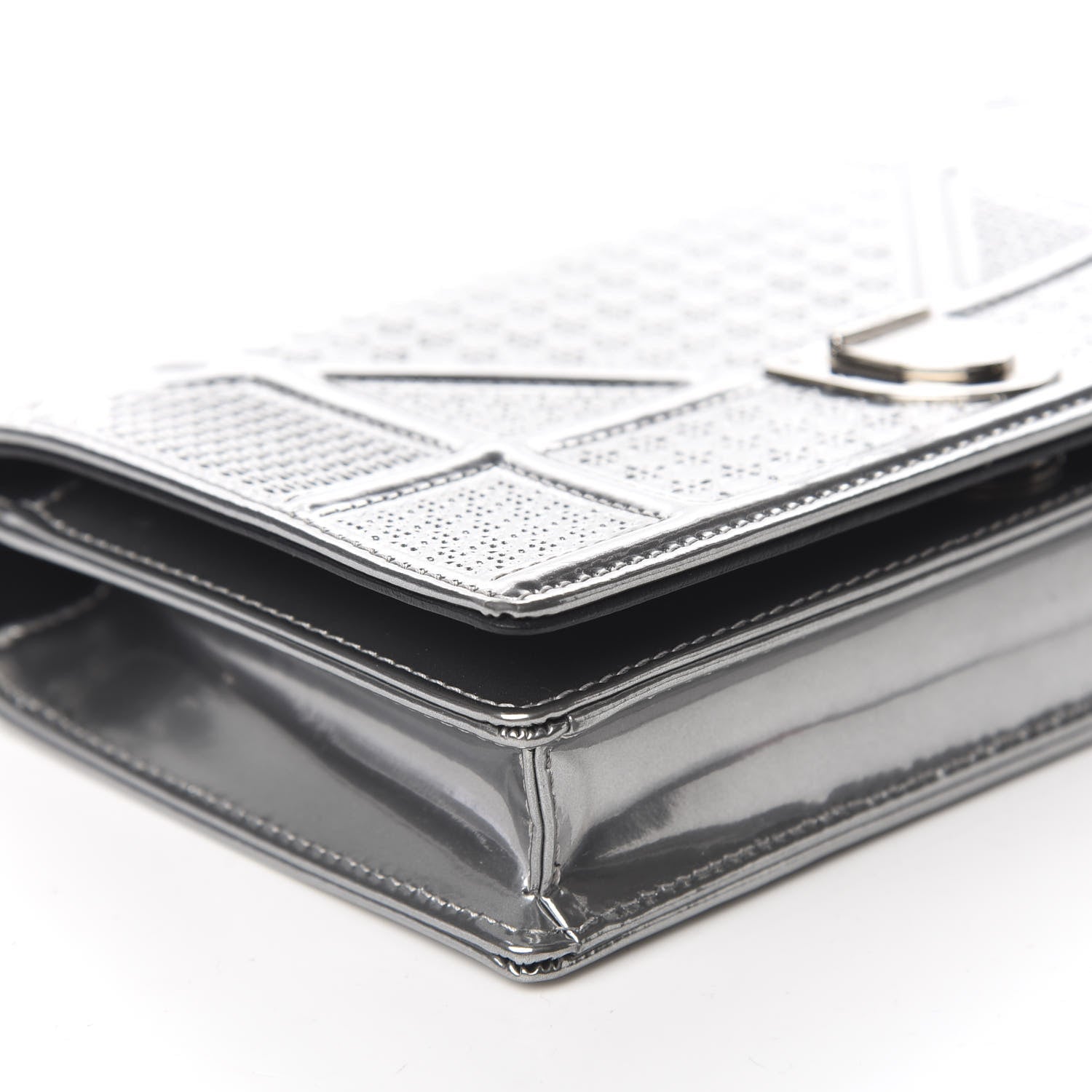 Christian Dior Metallic Patent Micro-Cannage Diorama Wallet on Chain Pouch Silver 6 of 9