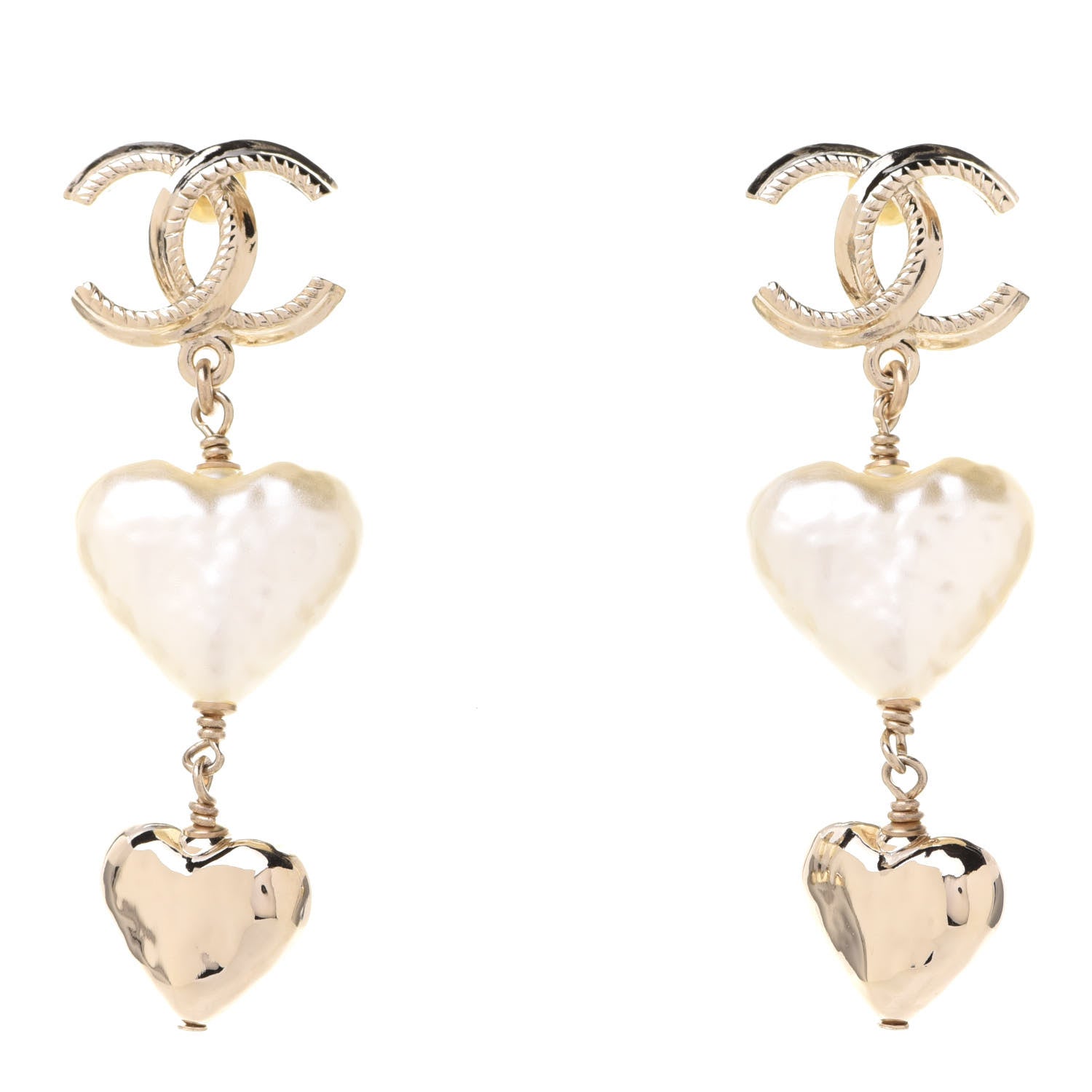 Chanel Pearl CC Double Heart Drop Earrings Gold 1 of 5