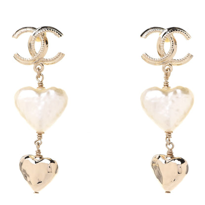 Chanel Pearl CC Double Heart Drop Earrings Gold 1 of 5