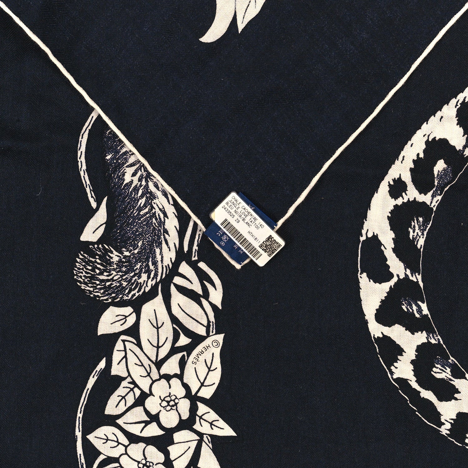 Hermes Cashmere Silk Jungle Love Tattoo Shawl 140 Bleu Black White 3 of 3