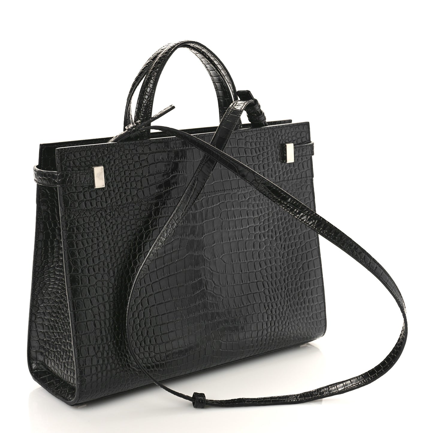 Shiny Calfskin Crocodile Embossed Small Manhattan Shopper Tote Black