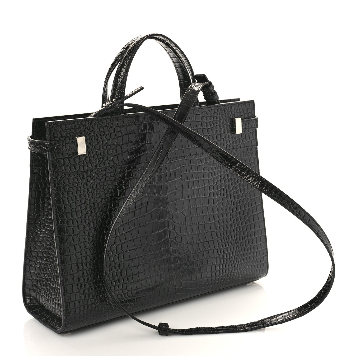 Saint Laurent Shiny Calfskin Crocodile Embossed Small Manhattan Shopper Tote Black 3 of 7