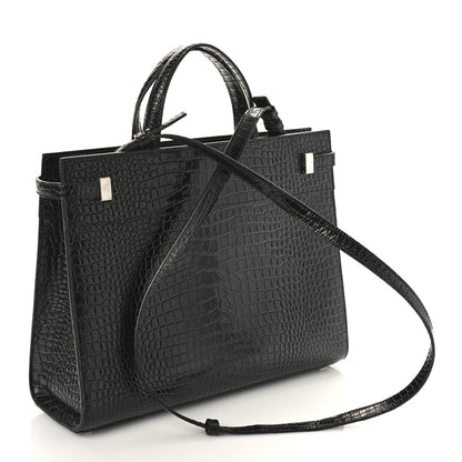 Saint Laurent Shiny Calfskin Crocodile Embossed Small Manhattan Shopper Tote Black 3 of 7