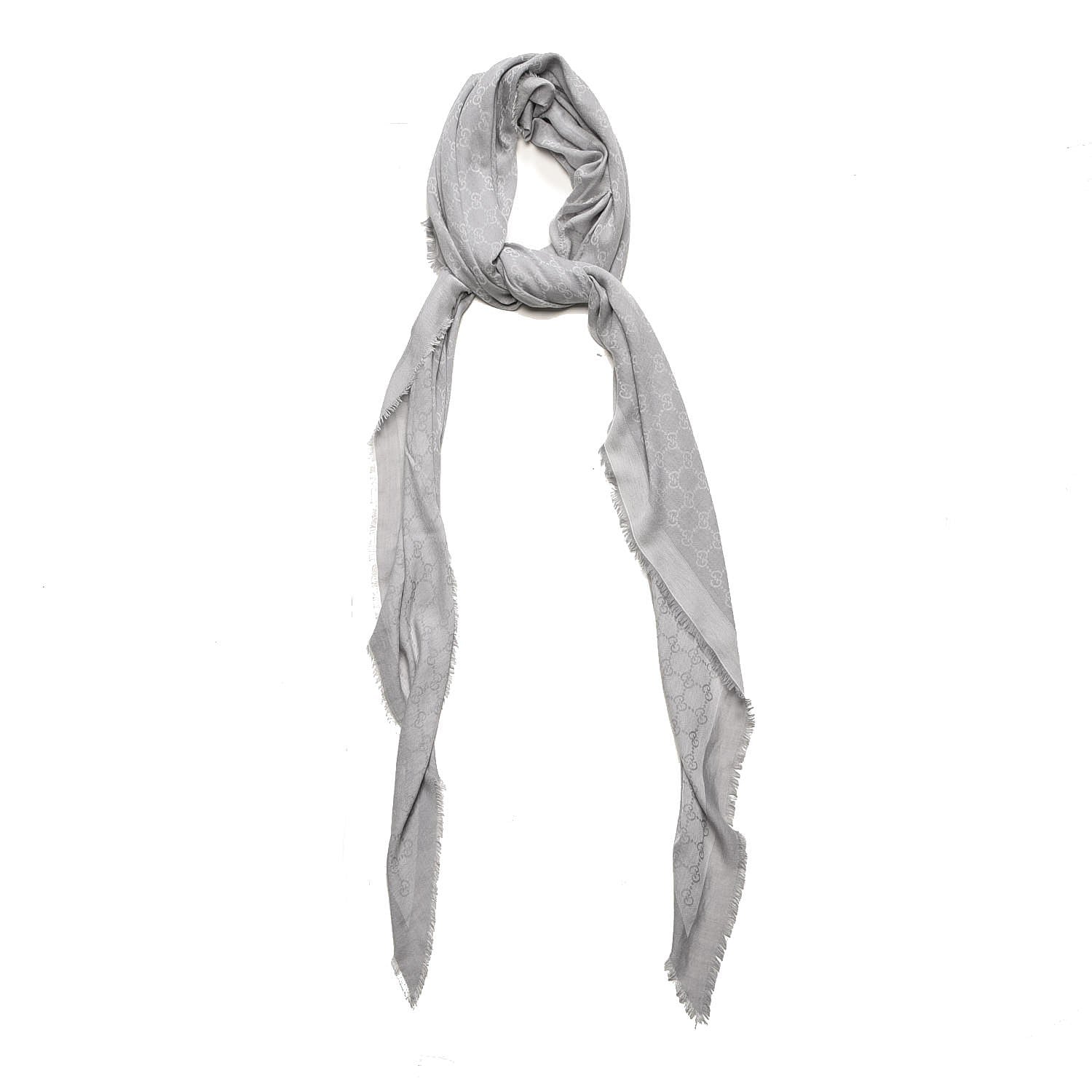 Gucci Modal Wool Monogram Fringe Scarf Grey 1 of 4