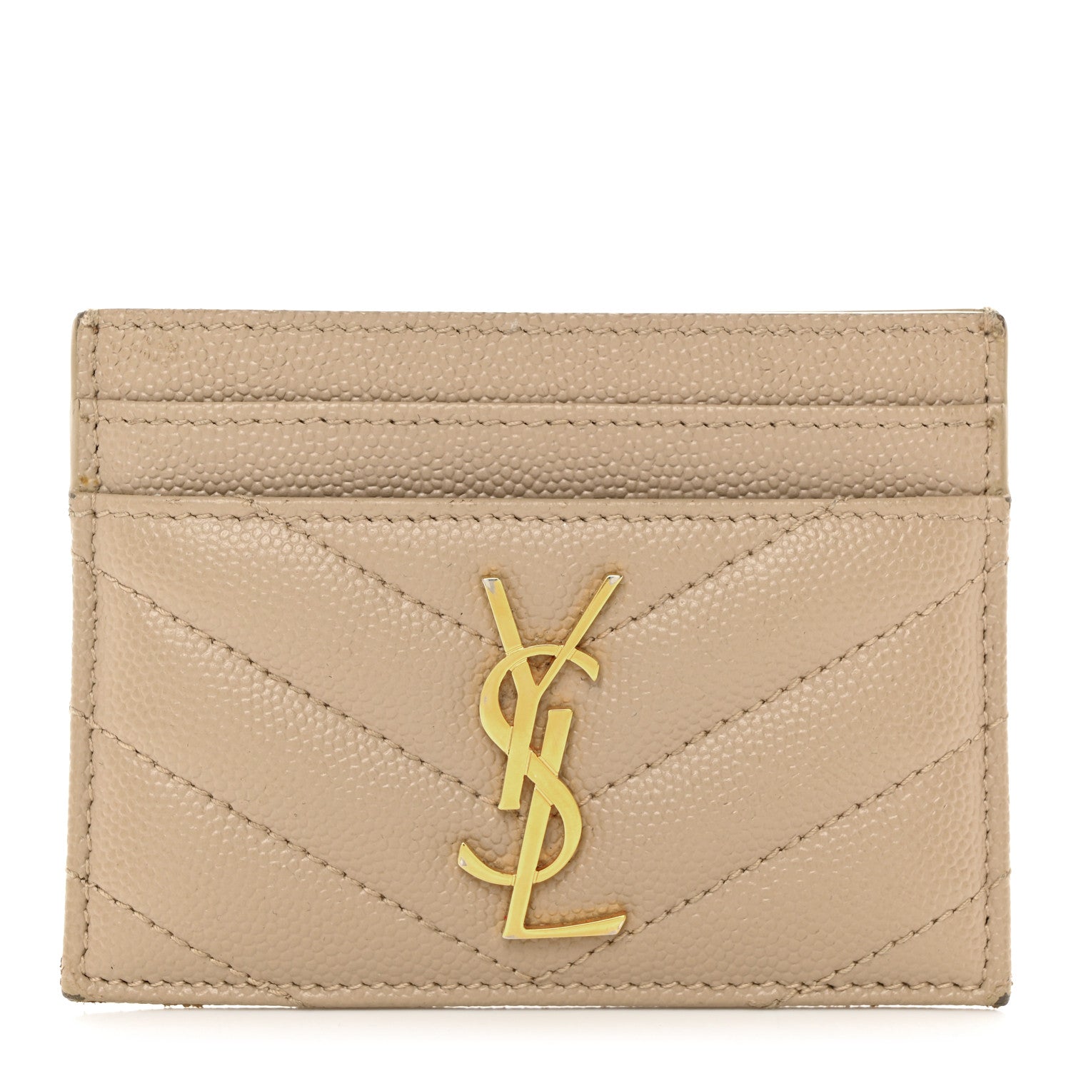 Saint Laurent Grain De Poudre Matelasse Chevron Monogram Credit Card Case Dark Beige 1 of 8