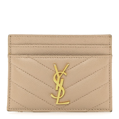 Saint Laurent Grain De Poudre Matelasse Chevron Monogram Credit Card Case Dark Beige 1 of 8