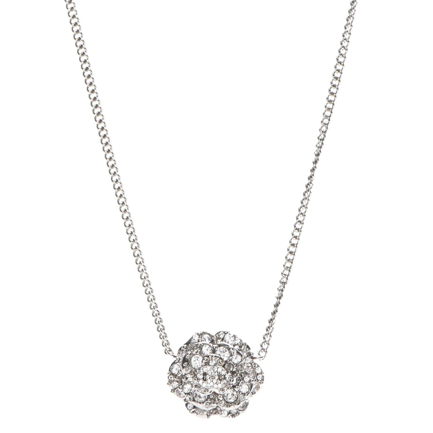 Chanel Swarovski Crystal Camellia CC Necklace Silver 1 of 5