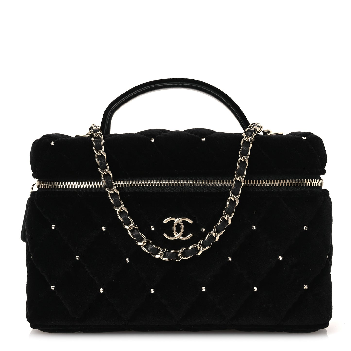 Velvet Diamanté Quilted Top Handle Slim Vanity Case With Chain Black