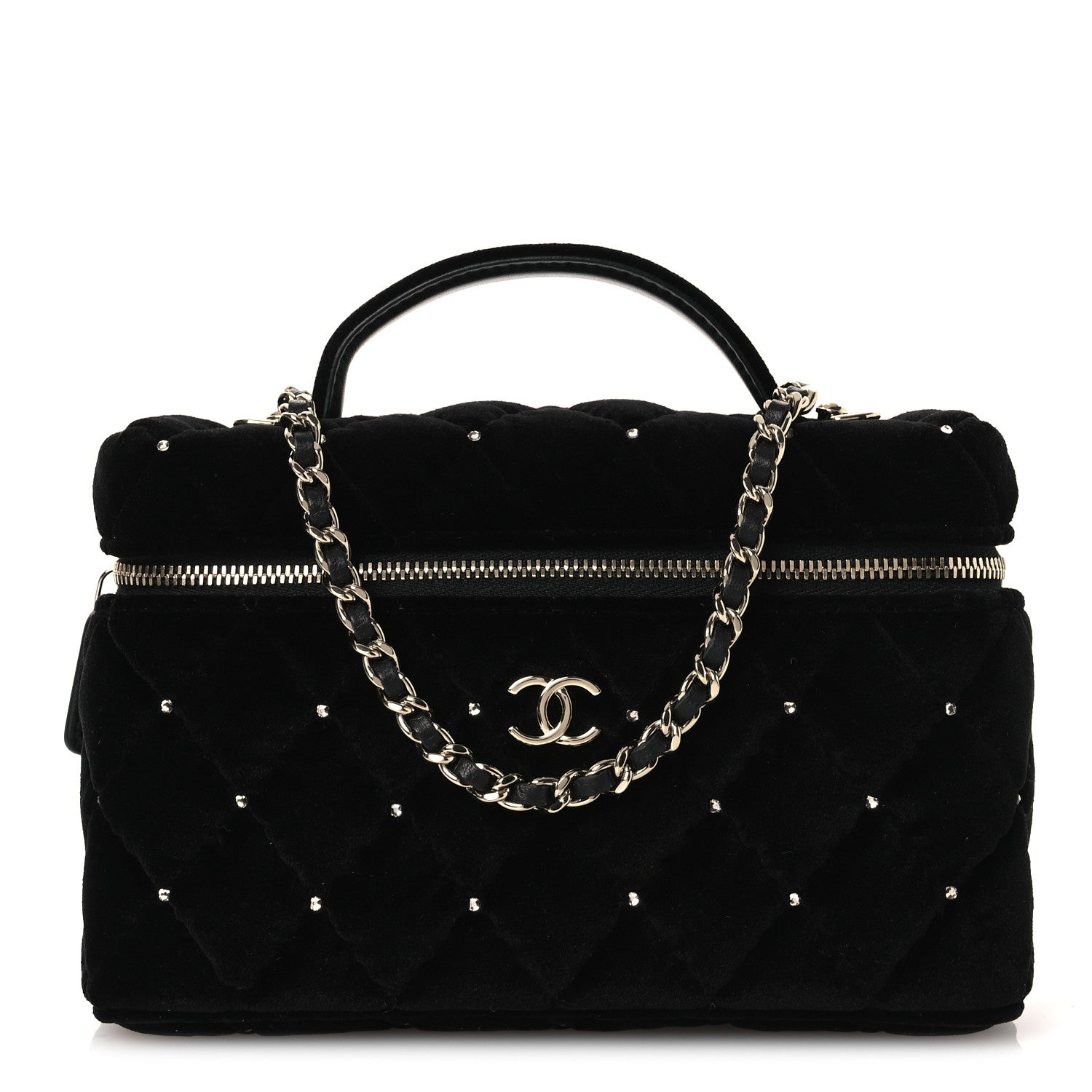 Chanel Velvet Diamanté Quilted Top Handle Slim Vanity Case With Chain Black 1 of 10