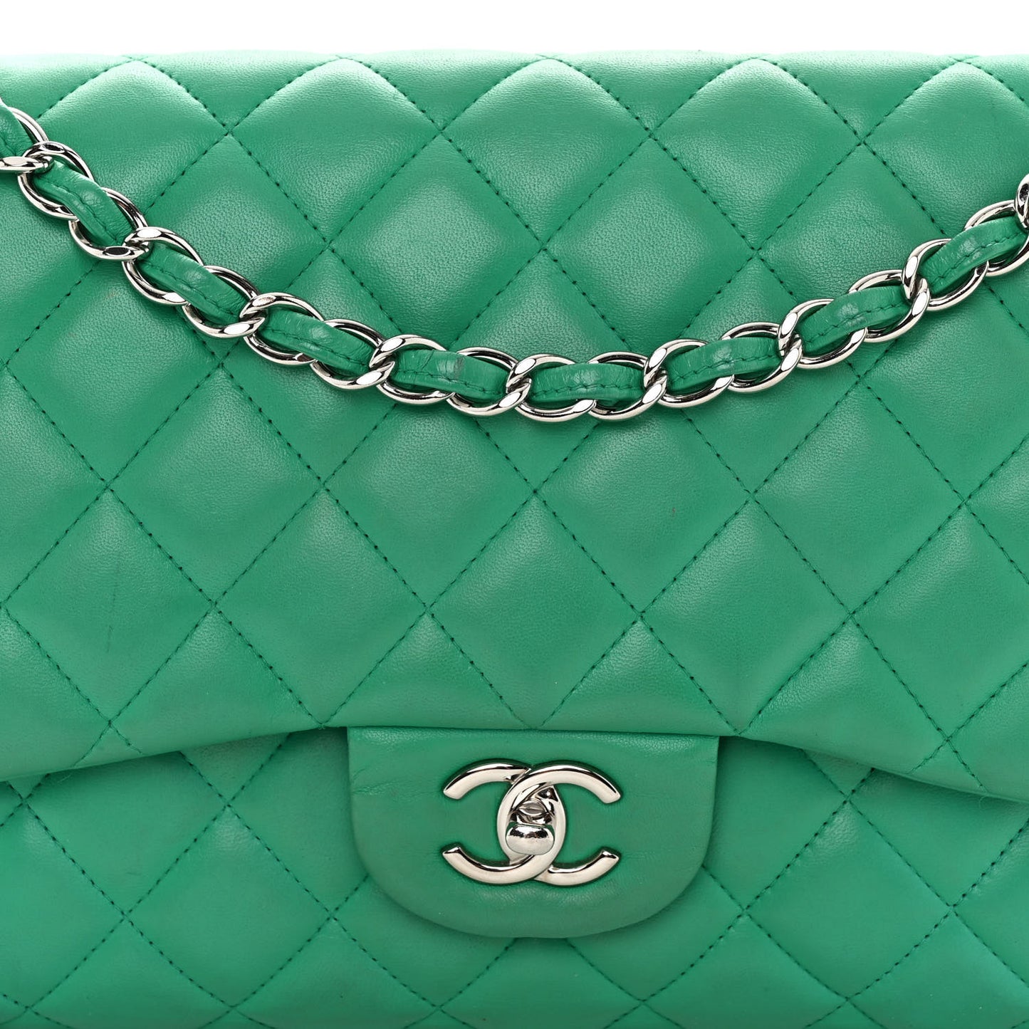 Lambskin Quilted Jumbo Double Flap Green