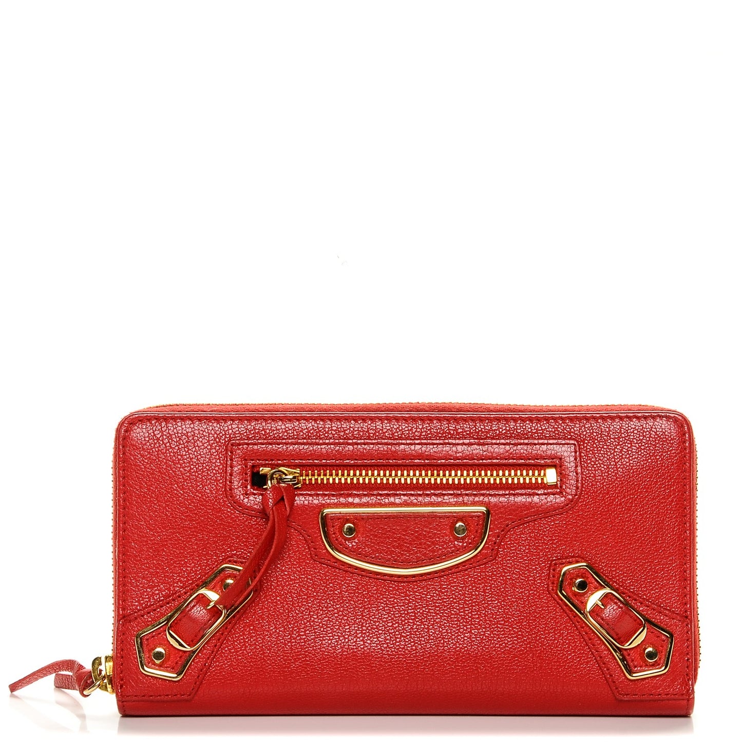 Chevre Gold Metallic Edge Hardware Zip Around Wallet Rouge Grenade