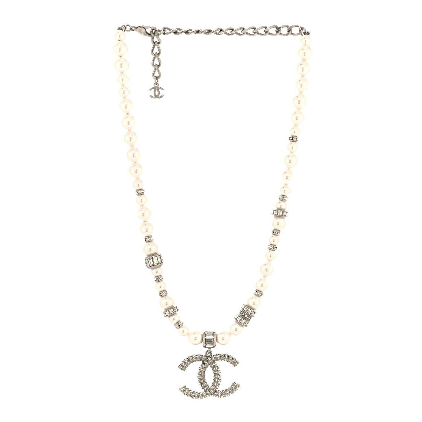 Baguette Crystal Pearl CC Choker Necklace Silver