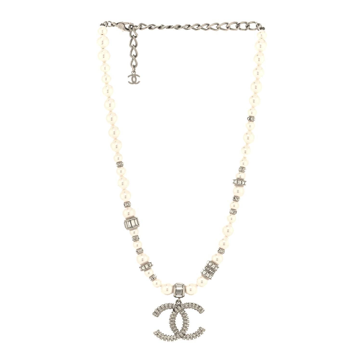 Chanel Baguette Crystal Pearl CC Choker Necklace Silver 3 of 5
