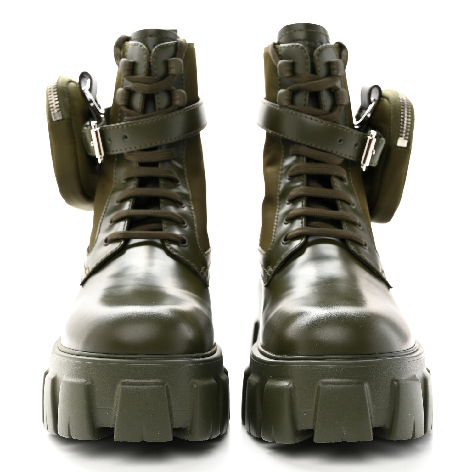 Prada Spazzolato Rois Re-Nylon Metal Triangle Logo Monolith Pouch Pocket 60mm Combat Boots 37.5 Militare 2 of 11