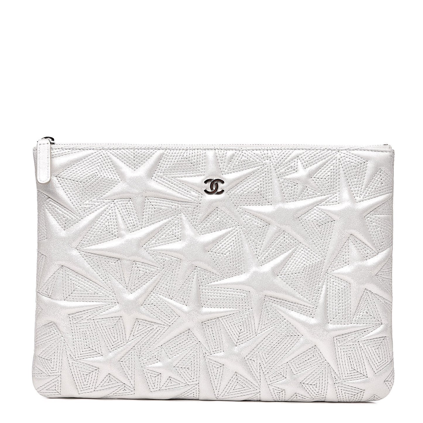 Metallic Lambskin Star Embossed Medium Cosmetic Pouch Light Silver