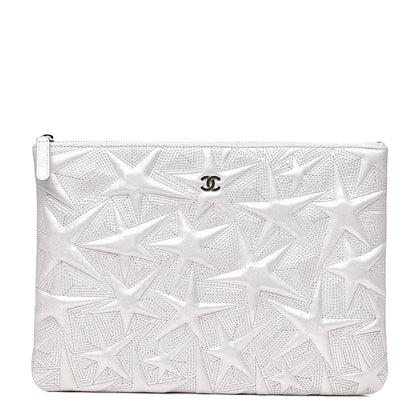 Chanel Metallic Lambskin Star Embossed Medium Cosmetic Pouch Light Silver 1 of 10