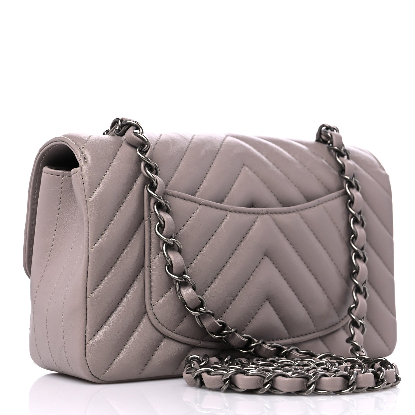 Iridescent Calfskin Chevron Quilted Mini Rectangular Flap Grey