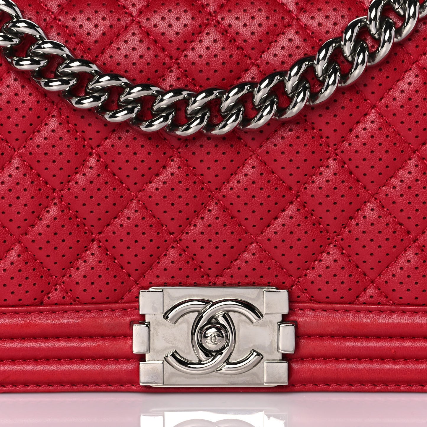 Perforated Lambskin Quilted Medium Boy Flap Red
