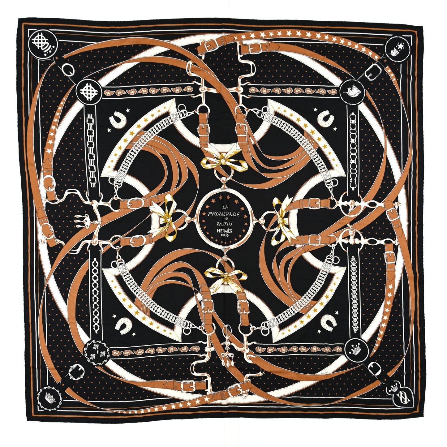 Cashmere Silk La Promenade du Matin Bandana Shawl 140 Black Noisette Gold