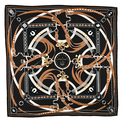 Hermes Cashmere Silk La Promenade du Matin Bandana Shawl 140 Black Noisette Gold 1 of 5
