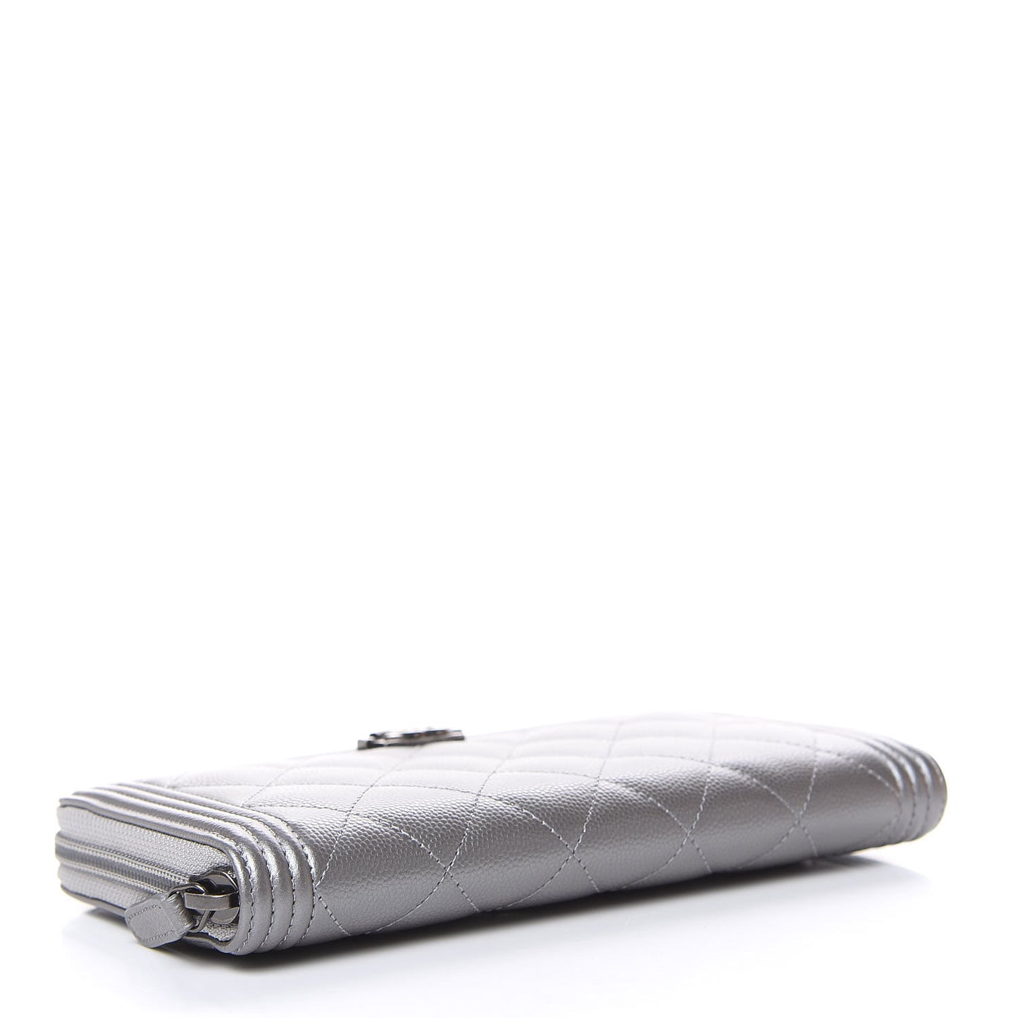 Metallic Caviar Quilted Boy L-Gusset Zip Wallet Silver