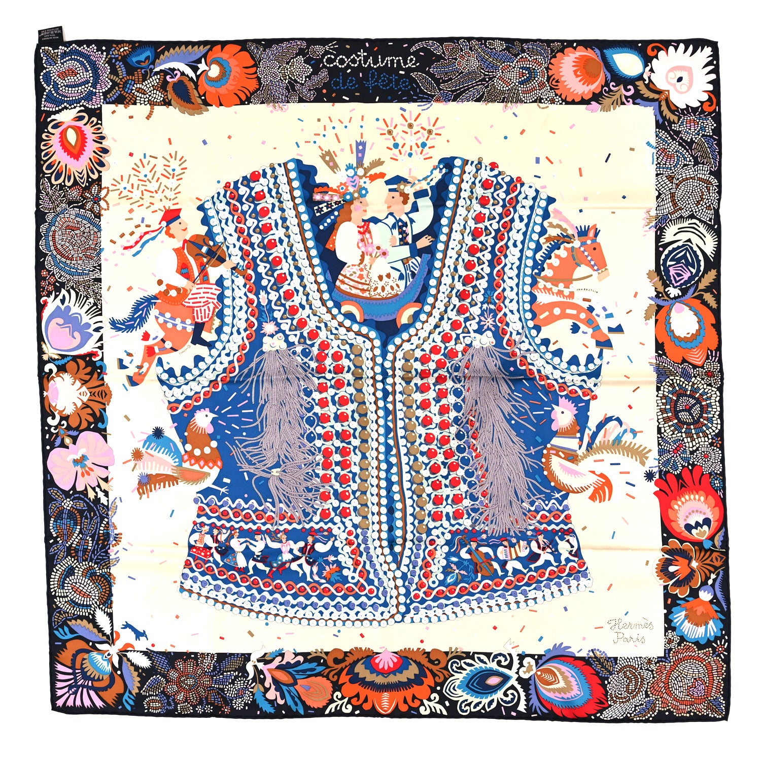 Hermes Silk Costume de Fete Scarf 90 Black Creme Bleu 1 of 4