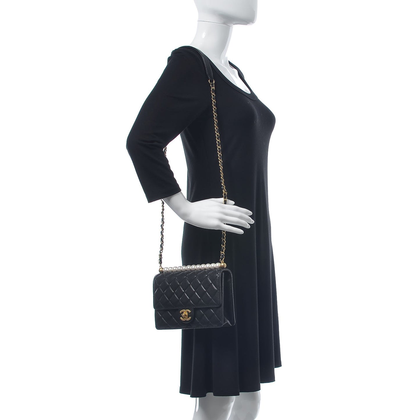 Lambskin Quilted Small Chic Pearls Flap Black