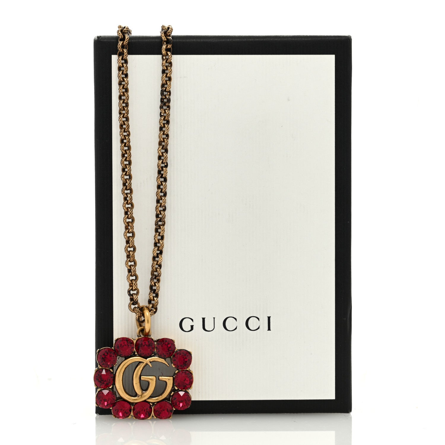 Gucci Crystal Embellished Double G Necklace Aged Gold Red 5 of 6