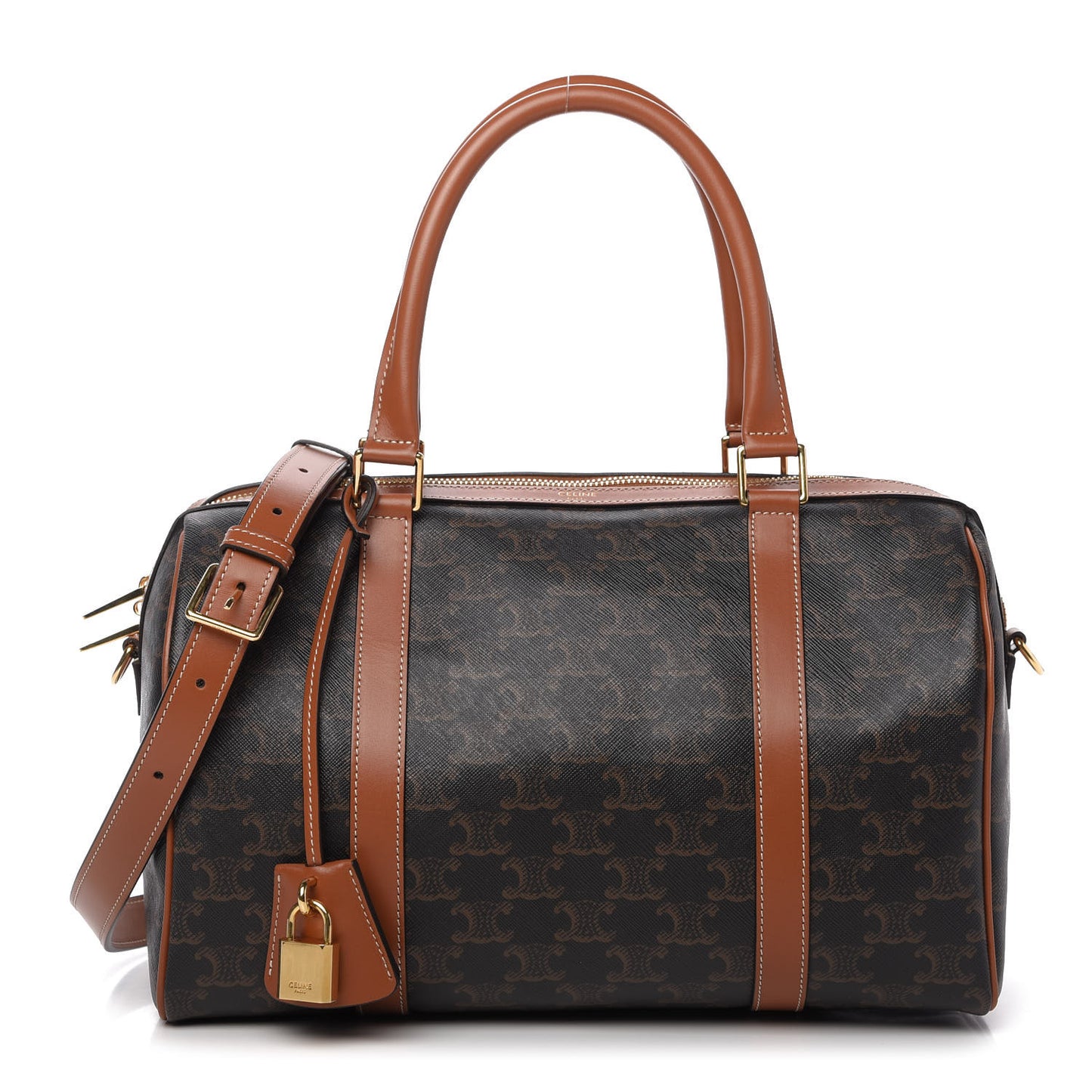 Triomphe Canvas Calfskin Boston Bag Tan