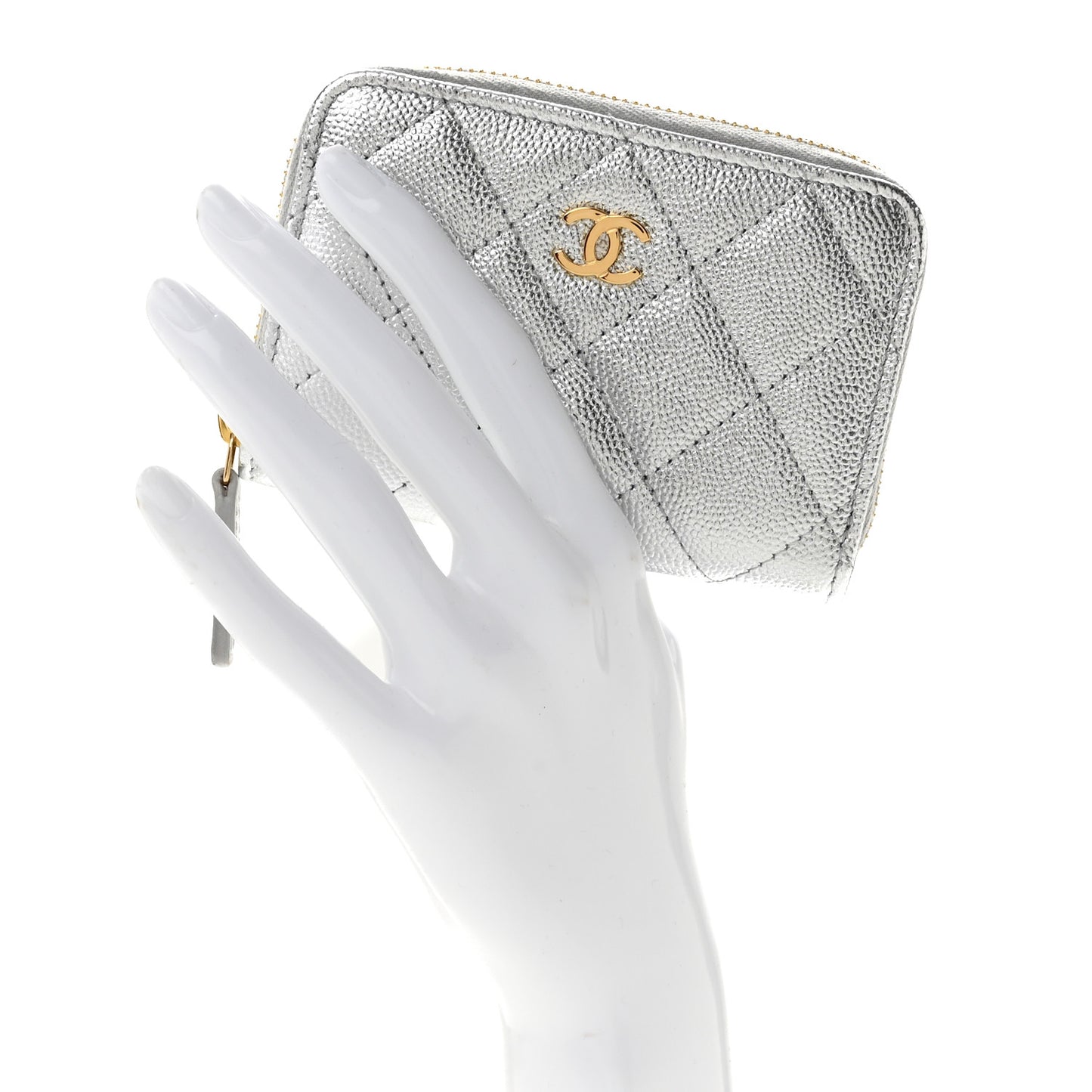Metallic Caviar Quilted Zip Coin Purse Silver