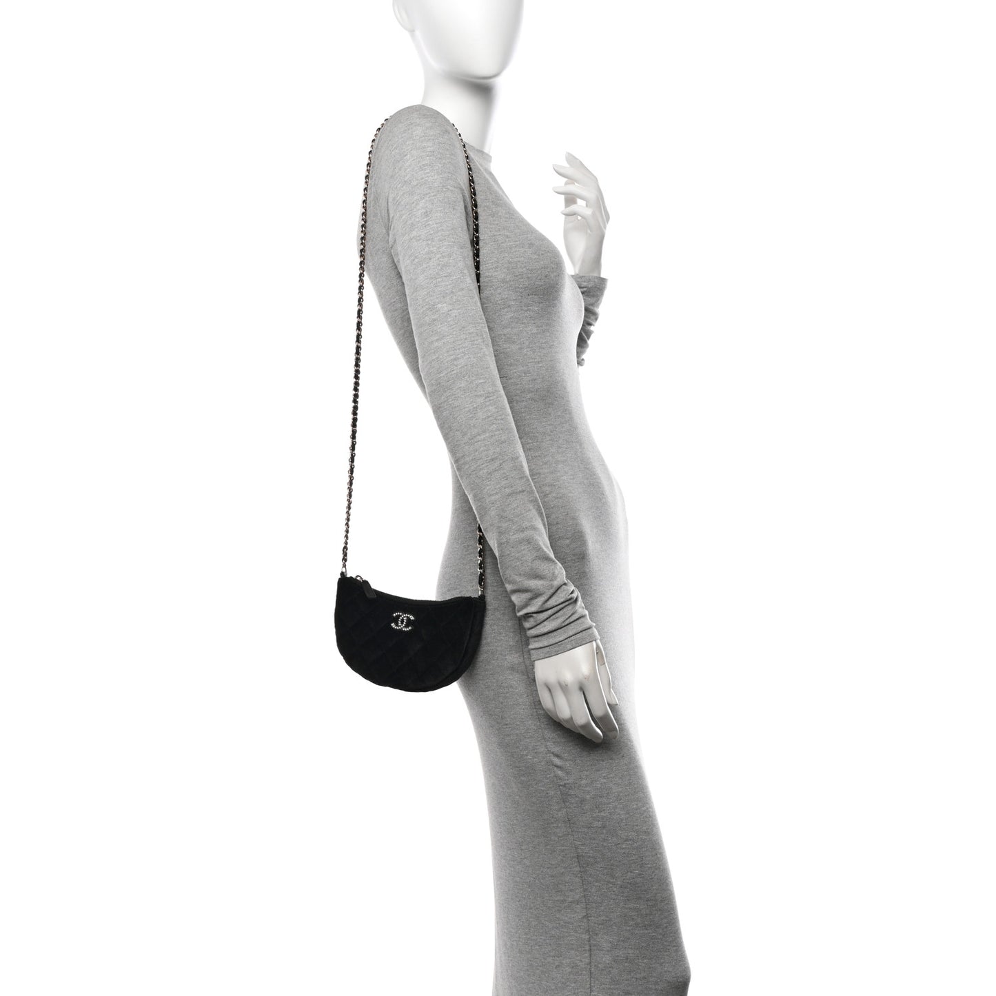 Velvet Crystal Quilted Chain Hobo Black