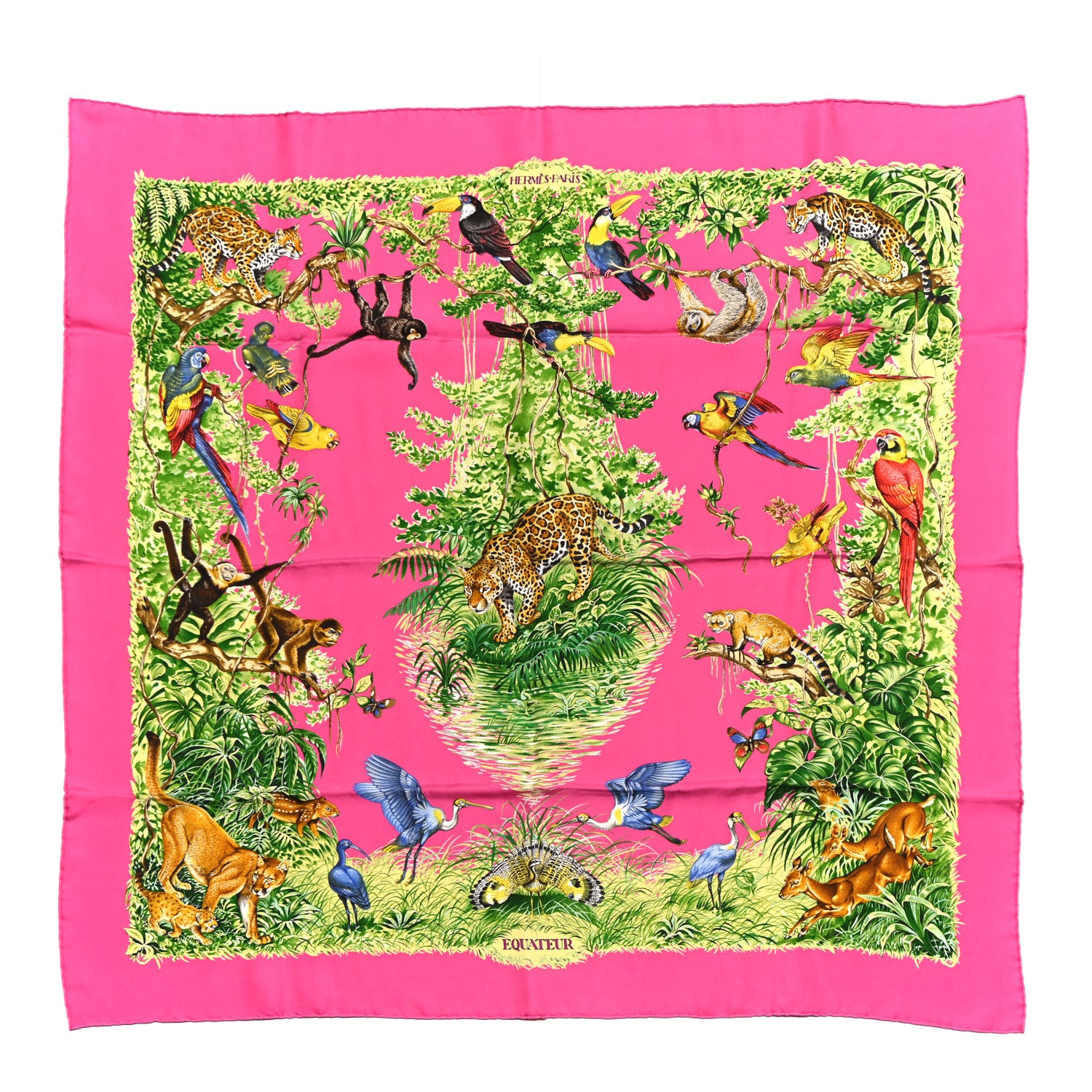 Hermes Silk Equateur Scarf 90  Rose Vif Vert Jaune 1 of 6
