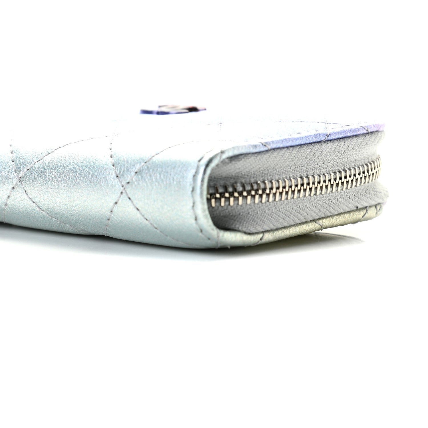 Chanel Gradient Metallic Calfskin Quilted Zip Around Coin Purse Wallet Silver Blue Yellow Purple 10 of 10
