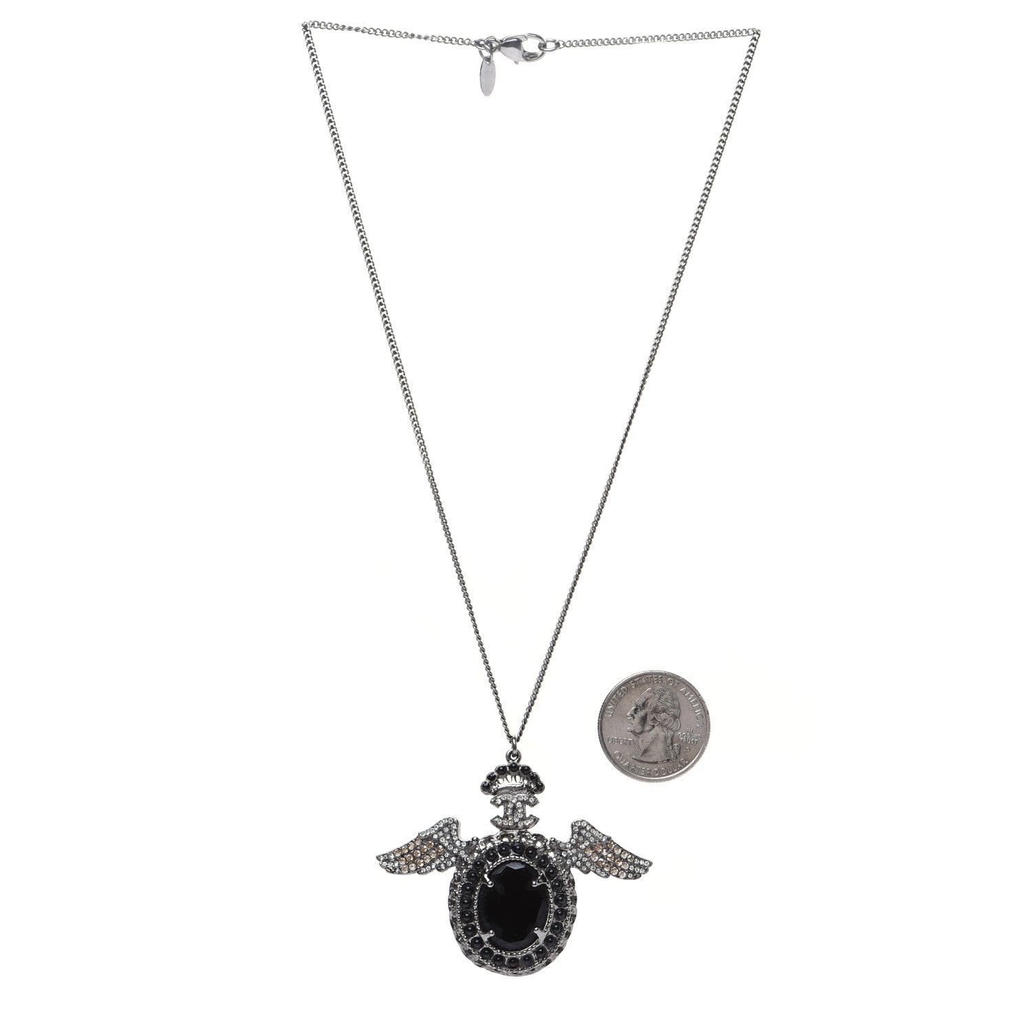 Chanel Crystal CC Crown Wing Pendant Necklace Black 2 of 8