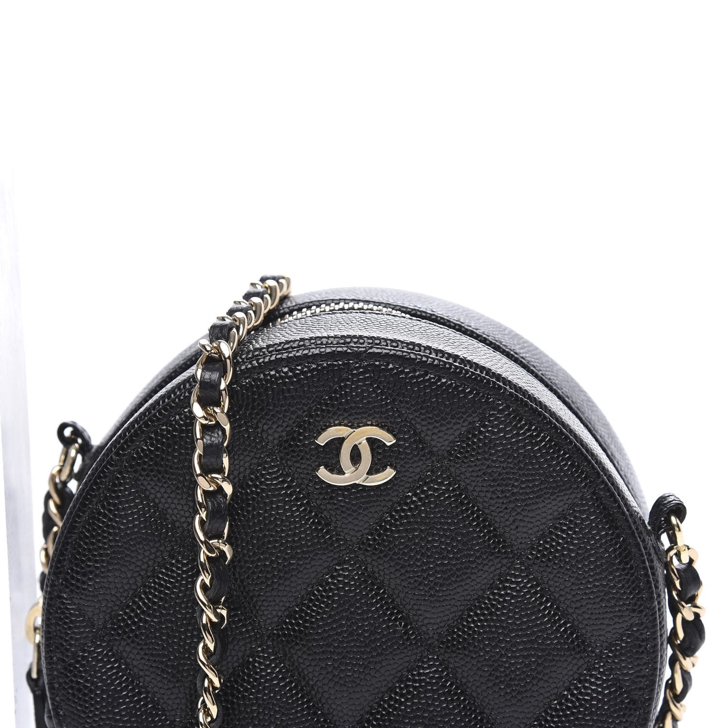 Caviar Quilted Round Clutch With Chain Black