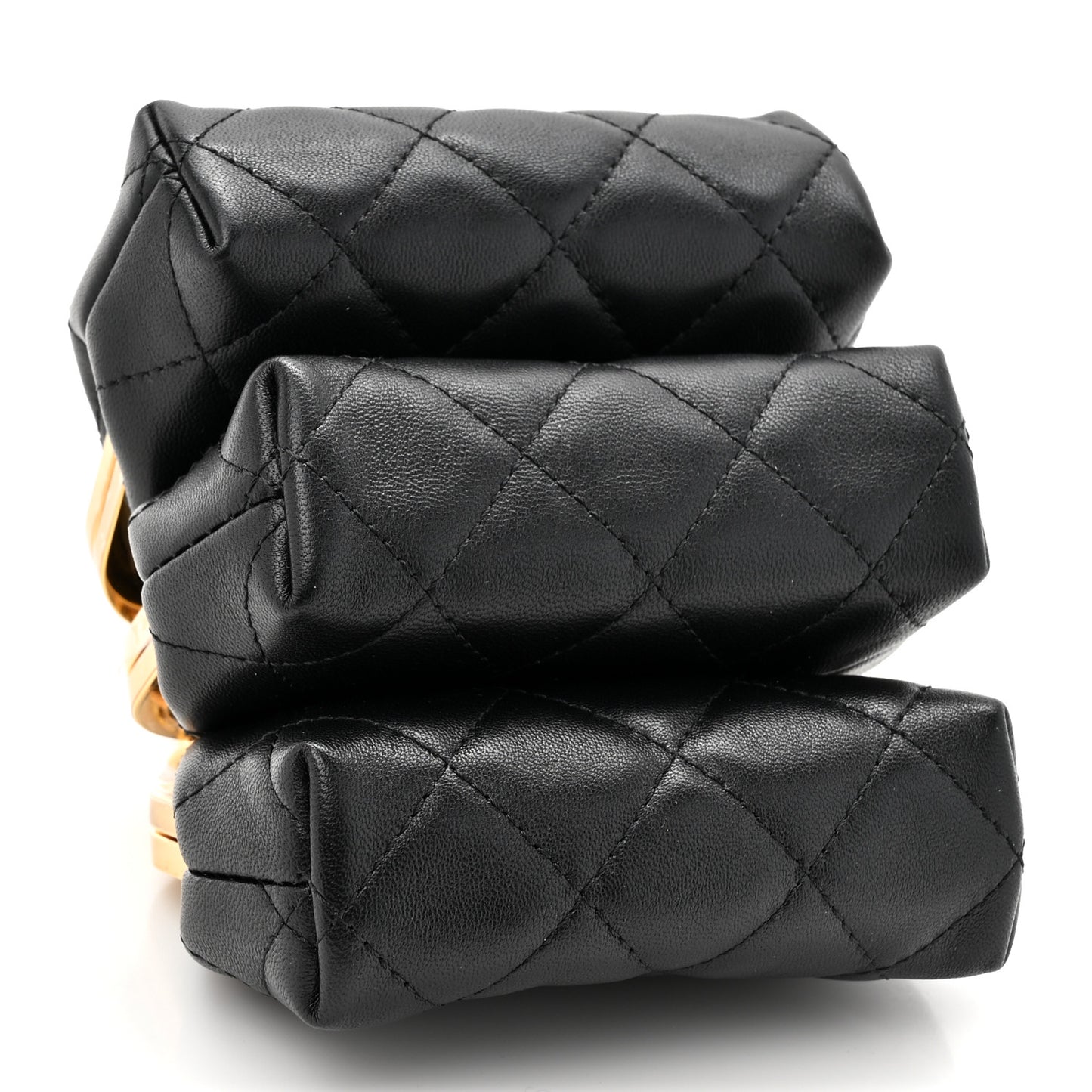 Lambskin Quilted Trio Kiss Lock Clutch With Chain Black