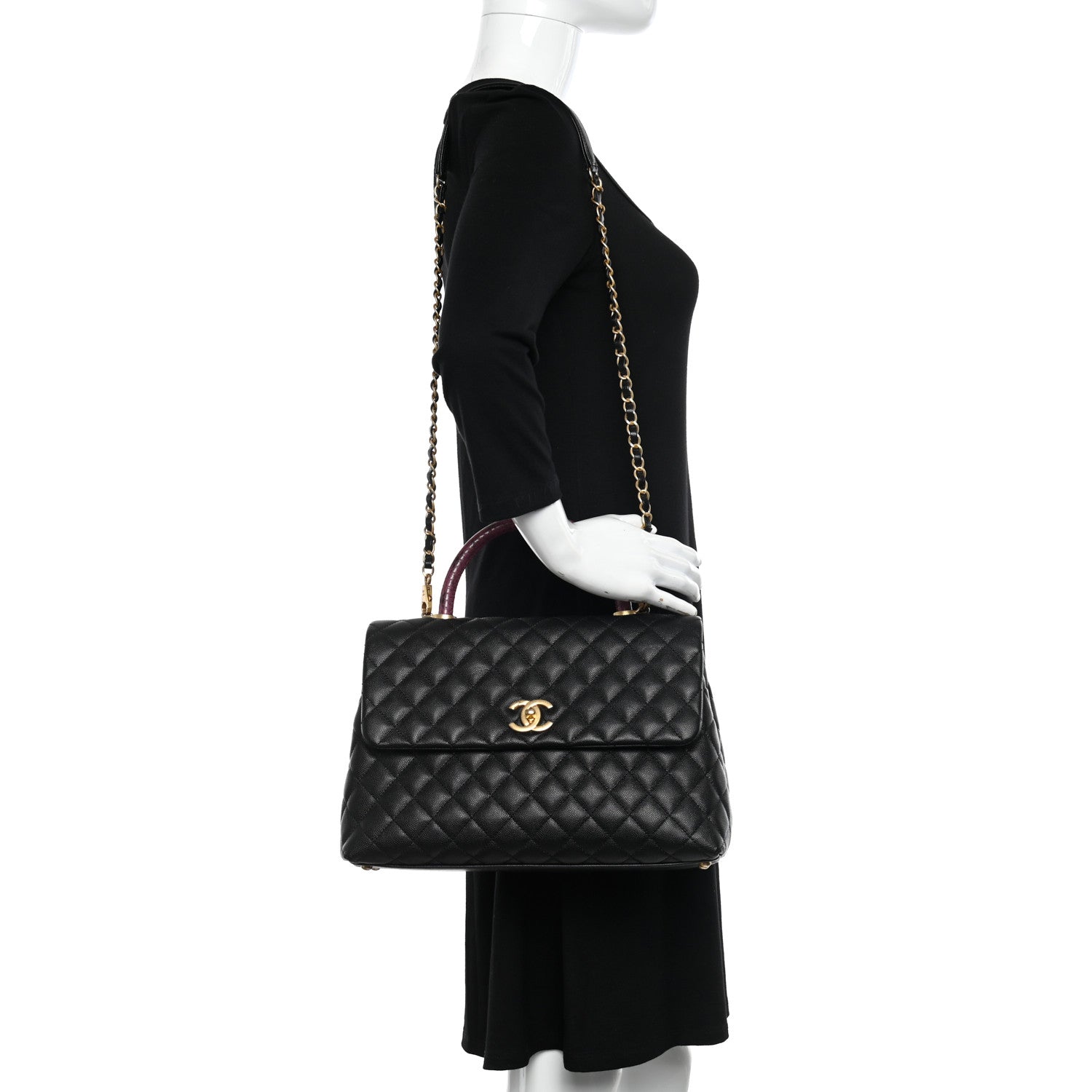 Chanel Caviar Elaphe Quilted Medium Coco Handle Flap Black Burgundy 2 of 10
